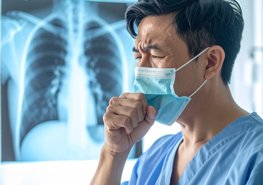 Người đàn ông đeo khẩu trang ho trước hình ảnh phổi minh họa hệ hô hấp