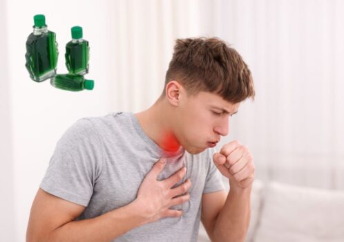 Người đàn ông bị ho đang đặt tay lên ngực, bên cạnh là hình ảnh hai chai dầu gió màu xanh.