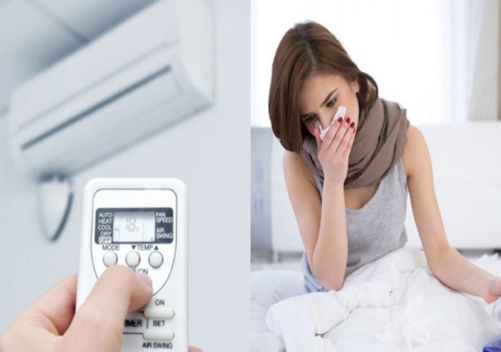 Minh họa máy lạnh thổi luồng khí lạnh xuống giường, người phụ nữ bị khô họng.